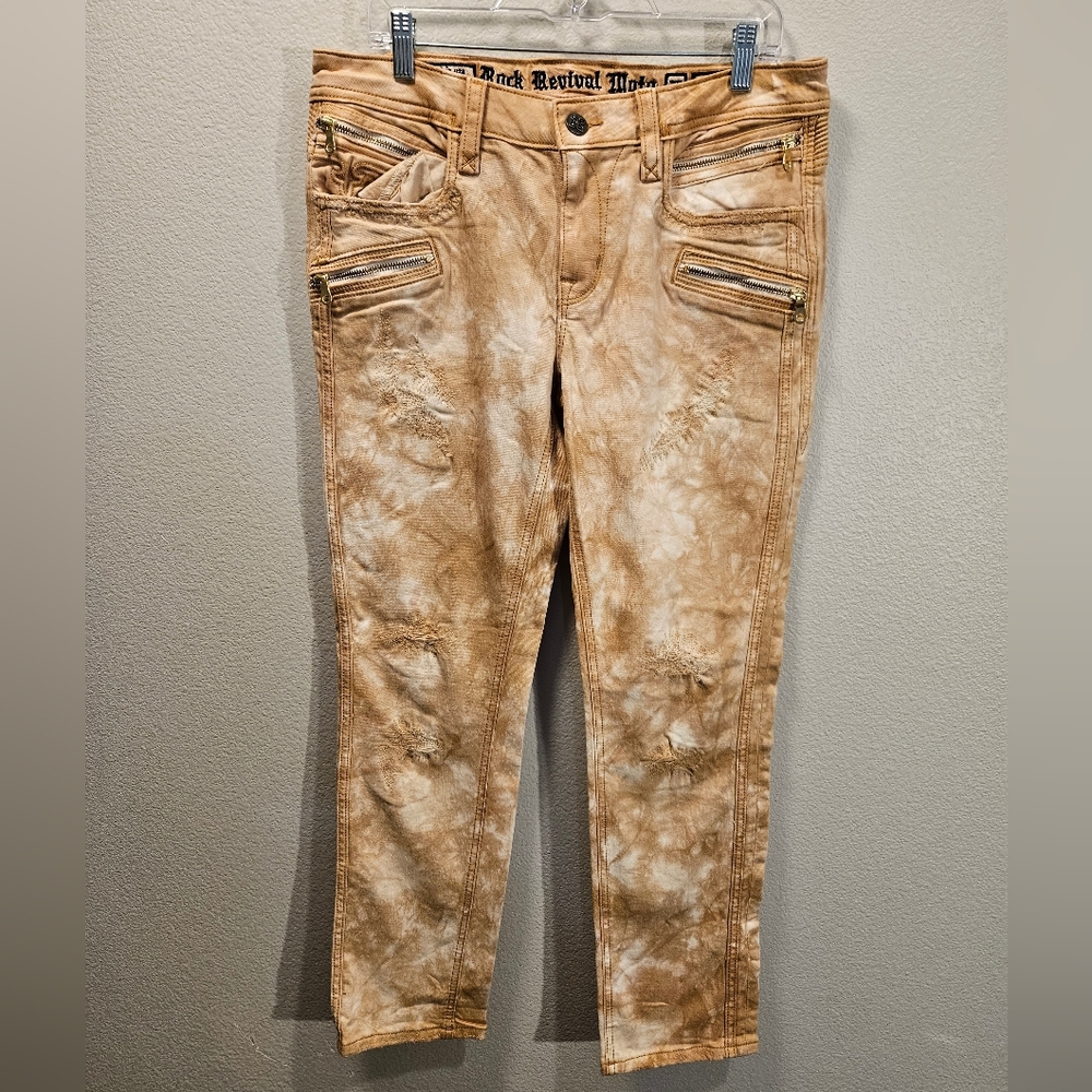 Rock Revival Moto Jeans Cladelle Distressed Brown Acid Wash Women Size 32